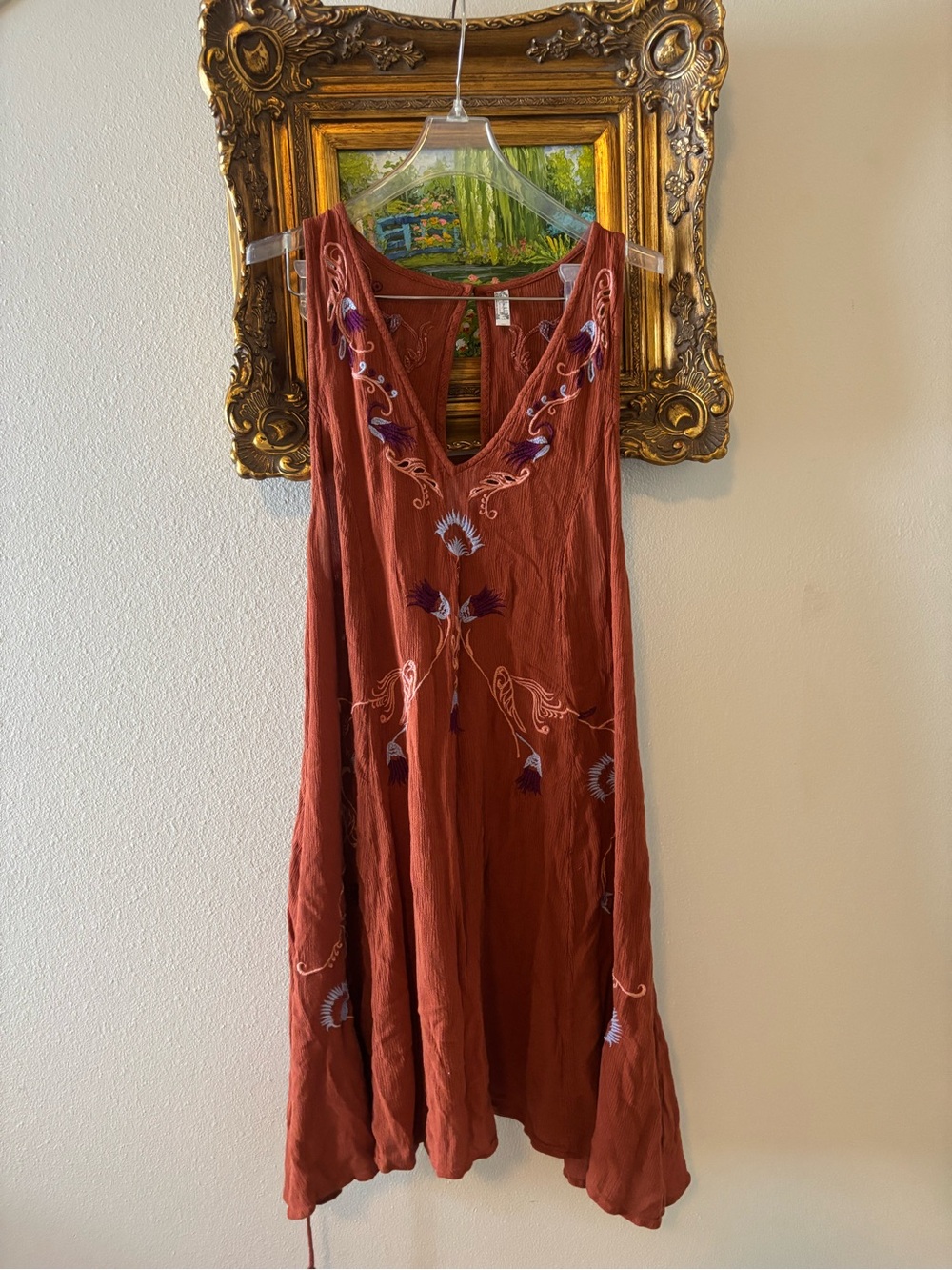 Free People Intimately Floral Embroidered Mini Swing Dress Rust Orange